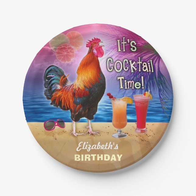 Cocktail Party Tropical Rooster Funny Birthday Paper Plate (Front)