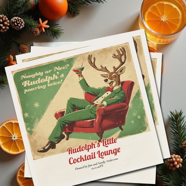 Cocktail Party Vintage Funny Retro Christmas Party Napkin (cocktail party personalized napkin funny rudolph naughty nice lounge red green vintage retro)