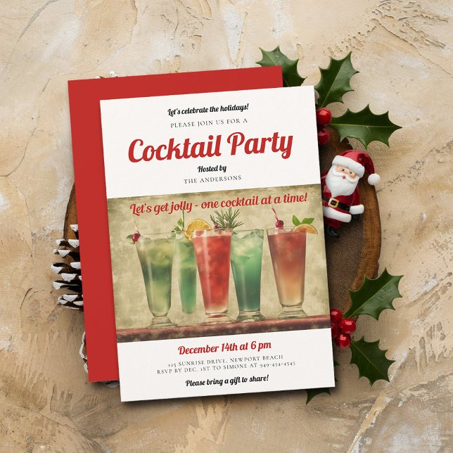 Cocktail Party Vintage Red Green Christmas Party Invitation (vintage christmas party cocktails invitation retro fun watercolor brunch family office)