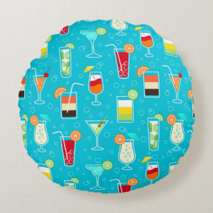 Cocktail Pattern on Teal Background Round Cushion