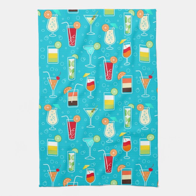 Cocktail Pattern on Teal Background Tea Towel (Vertical)