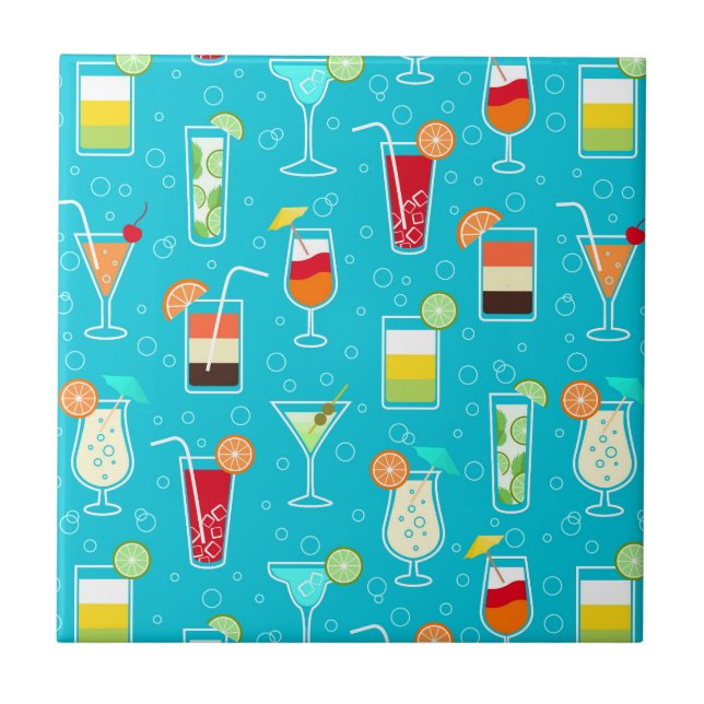 Cocktail Pattern on Teal Background Tile (Front)