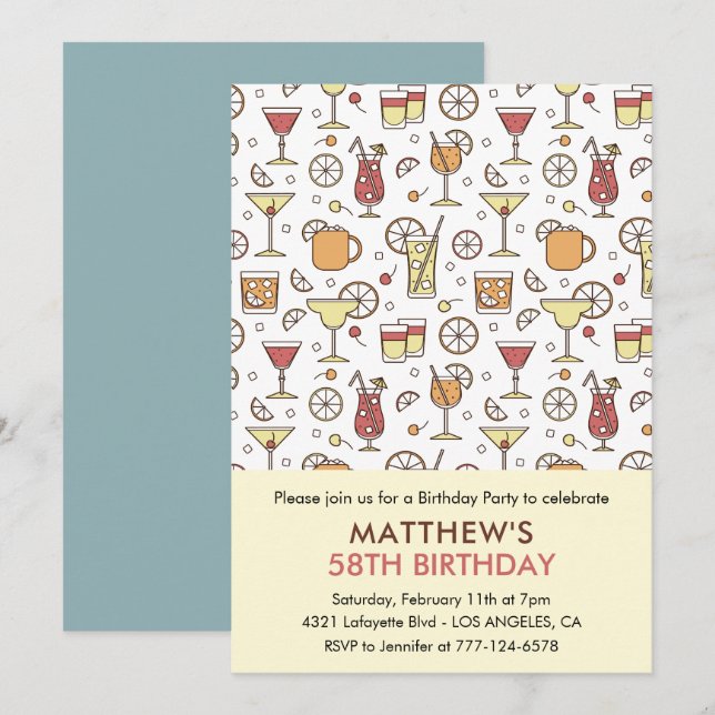 Cocktail Pattern Retro Champagne 58th birthday Invitation (Front/Back)