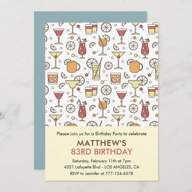 Cocktail Pattern Retro Champagne 83rd birthday Invitation (Front/Back)