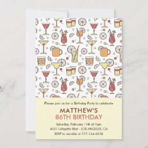 Cocktail Pattern Retro Champagne 86th birthday Invitation