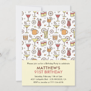 Cocktail Pattern Retro Champagne 91st birthday Invitation