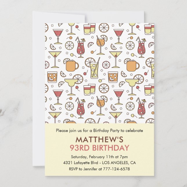 Cocktail Pattern Retro Champagne 93rd birthday Invitation (Front)