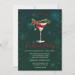 Cocktail Pine Tree Branches Stars Green Christmas  Invitation