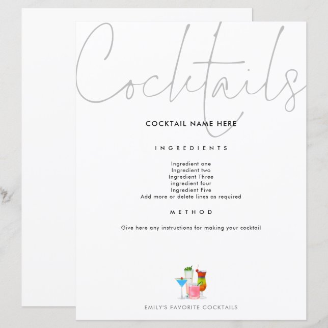 Cocktail Recipe for Binder Page Future Mrs (Front/Back)