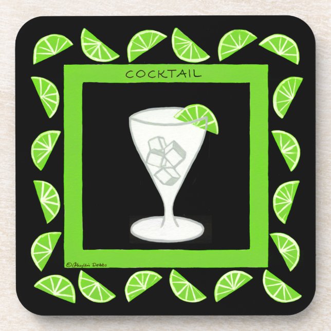 Cocktail Retro Drink Art Green Limes on Black Coaster (Front)