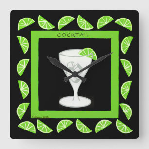 Cocktail Retro Drink Green Limes on Black Square Wall Clock