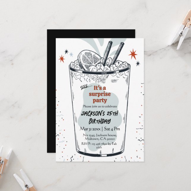 Cocktail retro drink themed 25th surprise Birthday Invitation (Front/Back In Situ)