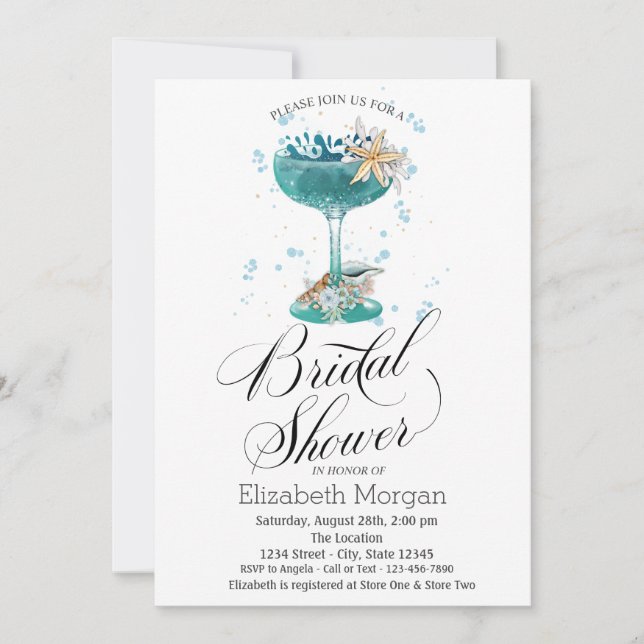 Cocktail,Sea star,Seashells Bridal Shower Invitation (Front)