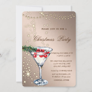 Cocktail,Sparkle,Lights,Rose Gold Christmas Party Invitation