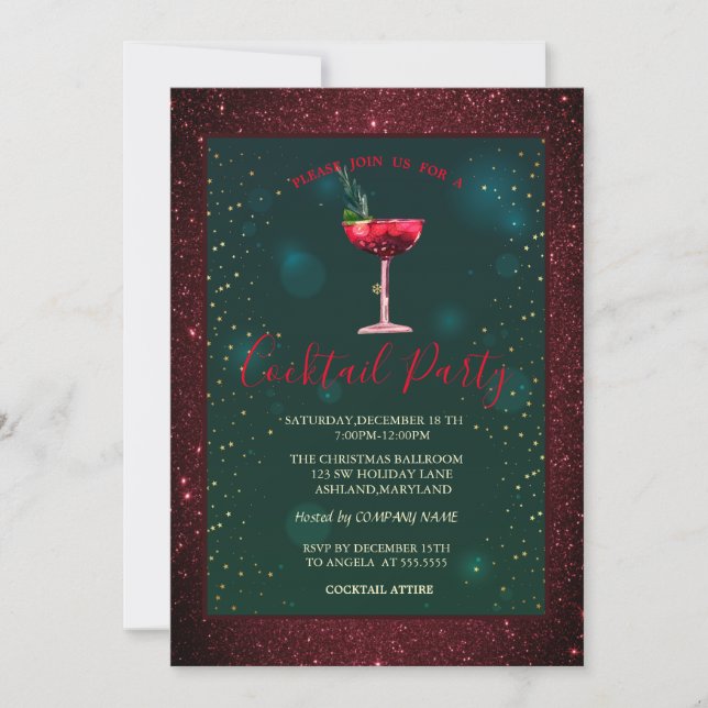 Cocktail, Stars Red Glitter  Invitation (Front)