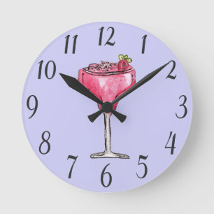 Cocktail Strawberry Daiquiri Red Watercolor Paint Round Clock