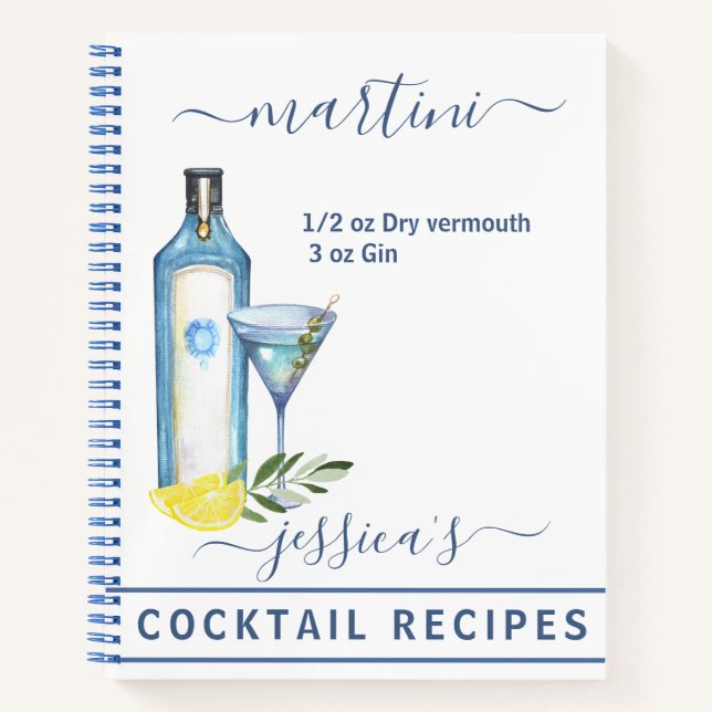 Cocktail Watercolor Recipe Mixed Drinks Martini Notebook (Front)