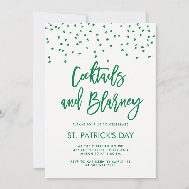 Cocktails and Blarney | Modern Green and White Invitation (Front)