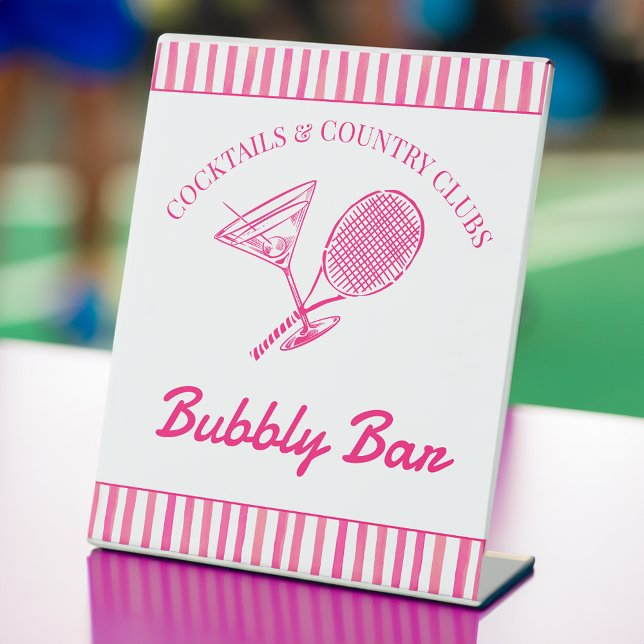 Cocktails and country clubs tennis Bachelorette  Pedestal Sign (Cocktails and country clubs pink tennis themed Bachelorette party bubbly bar Pedestal Sign)