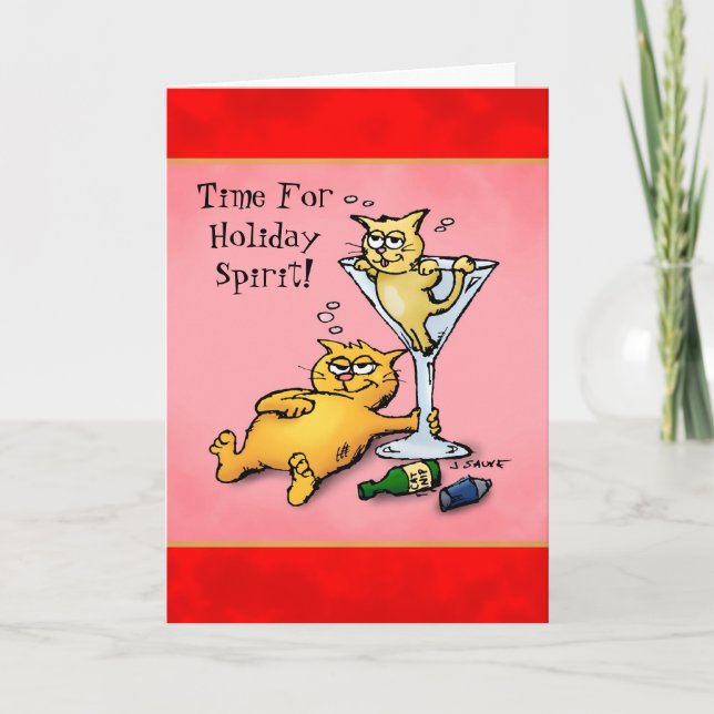 Cocktails and Kittens Cartoon Christmas Card (Front)