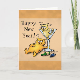 Cocktails and Kittens Happy New Year Cartoon Card