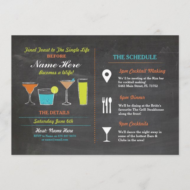Cocktails Bridal Shower Itinerary Bachelorette Programme (Front)
