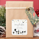 Cocktails Cake Balloons Gold Black Merry Christmas Square Sticker<br><div class="desc">Cocktails Cake Balloons Gold Black Merry Christmas. Easily personalise with your own words.</div>