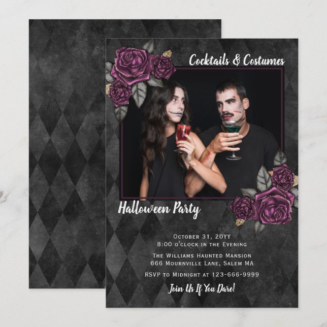 Cocktails Costumes Gothic Roses Photo Halloween Invitation (Front/Back)