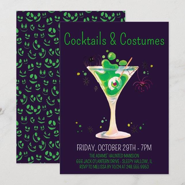 Cocktails & Costumes Purple Adult Halloween Party  Invitation (Front/Back)