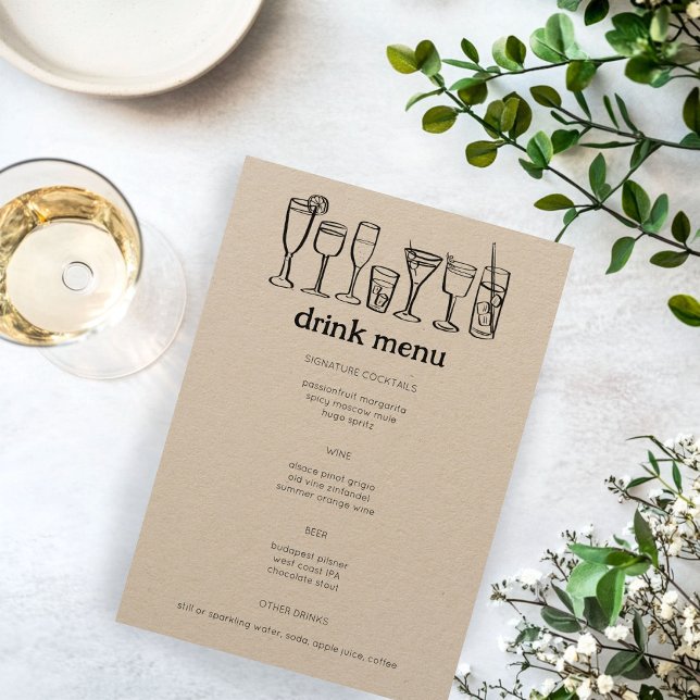 Cocktails Doodle Sketch Modern Rustic CUSTOM Drink Menu (Cocktails Doodle Sketch Modern Rustic Engagement Wedding Party CUSTOM Drink Menu
)
