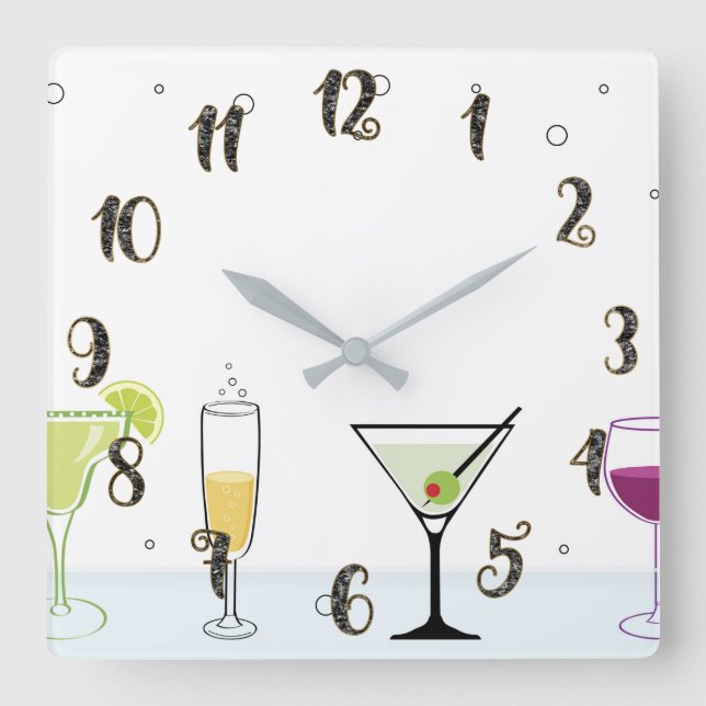 Cocktails Drinks Bubbly Alcohol Wine Glass Kitchen Square Wall Clock (Front)