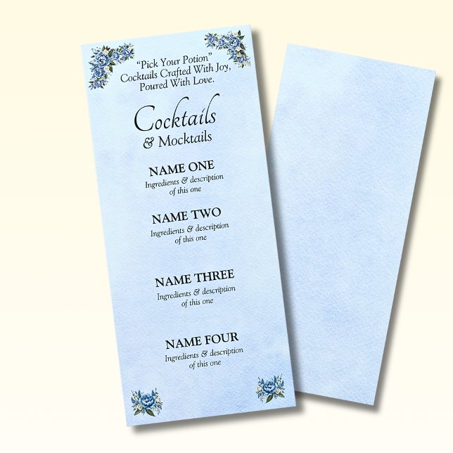 Cocktails Drinks Menu Card- Blue Peony Wedding Set (Creator Uploaded)