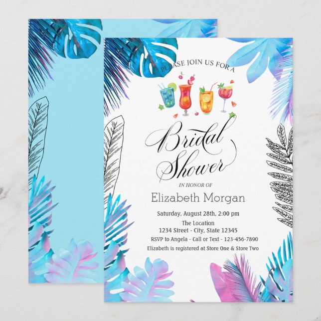 Cocktails Fruits Blue Palm Leaf Bridal Shower Invitation (Front/Back)