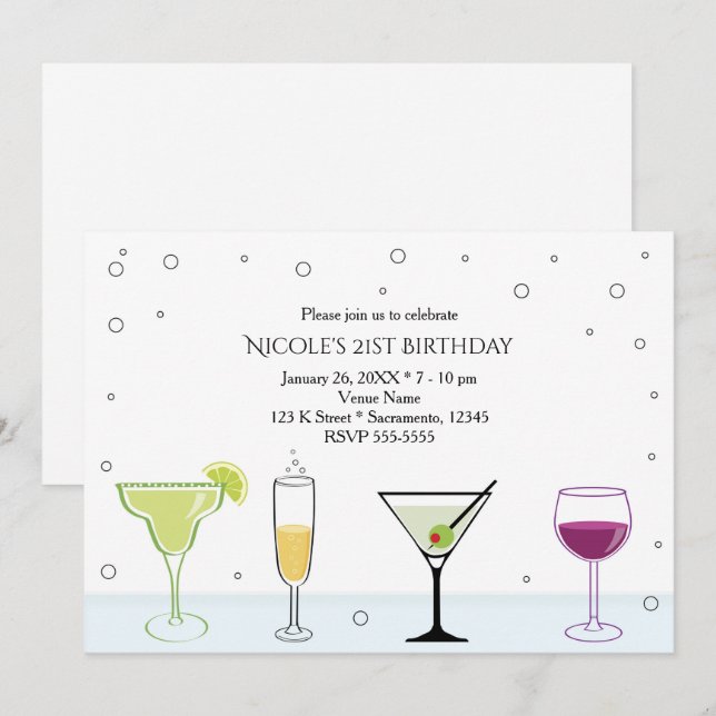 Cocktails Girls 21st Birthday Party Invitations (Front/Back)