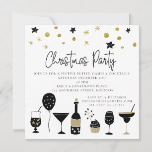 Cocktails Gold Black Christmas Party Invite