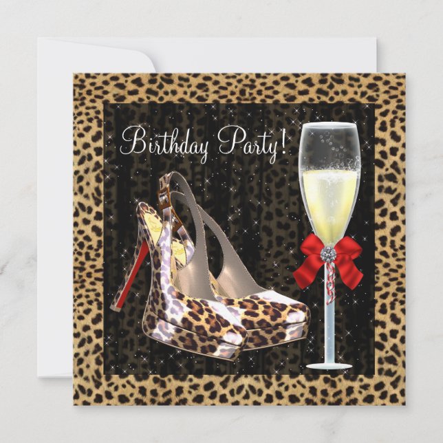 Cocktails High Heel Shoes Red Leopard Birthday Invitation (Front)
