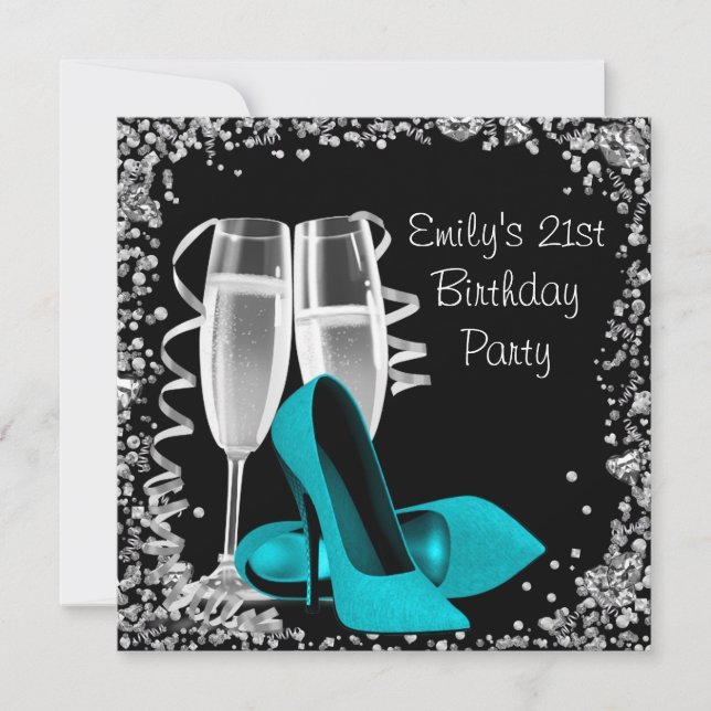 Cocktails High Heels Black and Teal Birthday Invitation (Front)