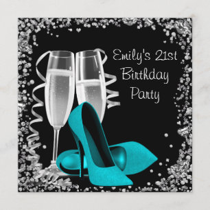 Cocktails High Heels Black and Teal Birthday Invitation