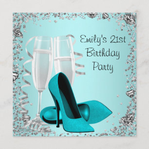 Cocktails High Heels Teal 21st Birthday Party Invitation