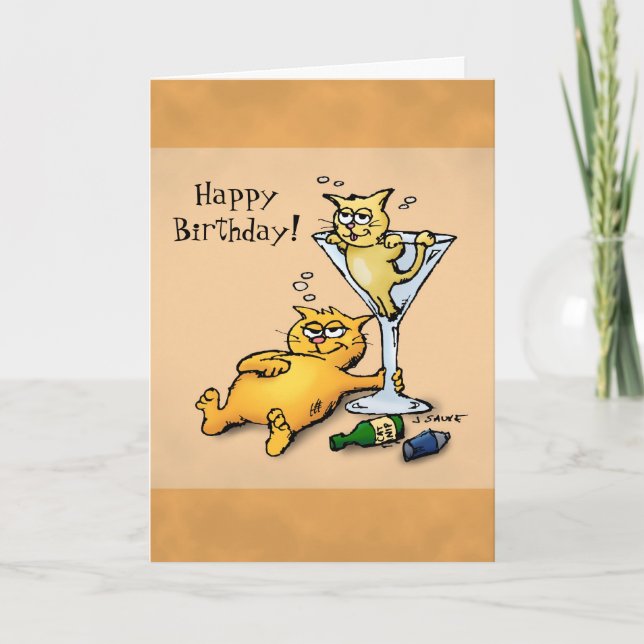 Cocktails & Kittens Cartoon Birthday Card (Front)
