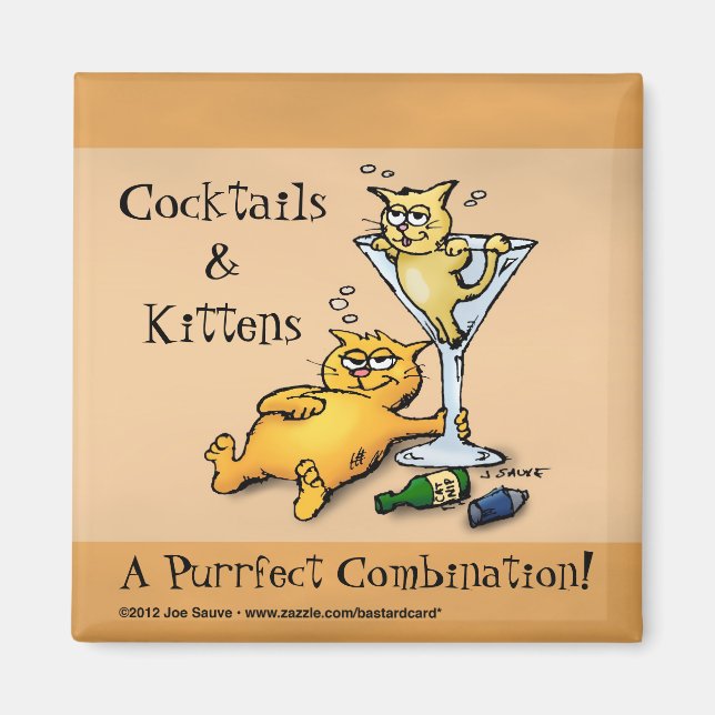 Cocktails & Kittens Gold Cartoon Magnet (Front)