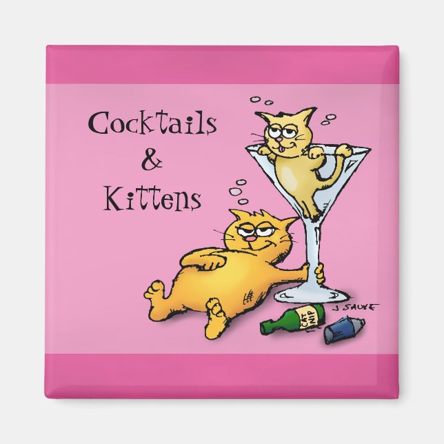 Cocktails & Kittens Pink Cartoon Magnet (Front)