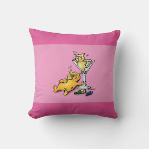 Cocktails & Kittens Pink Cartoon Pillow
