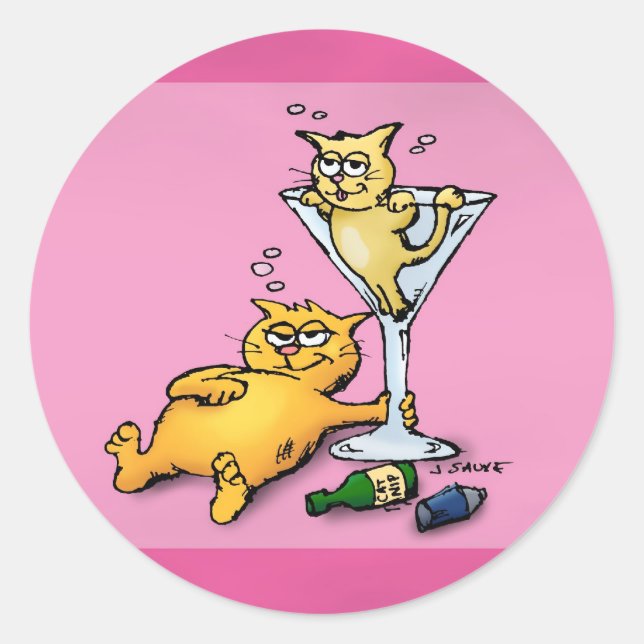 Cocktails & Kittens Pink Cartoon Sticker (Front)