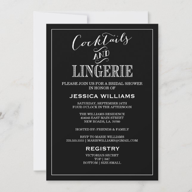 Cocktails & Lingerie Shower Invitations | Black (Front)