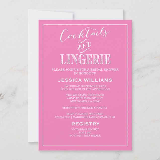 Cocktails & Lingerie Shower Invitations | Pink (Front)