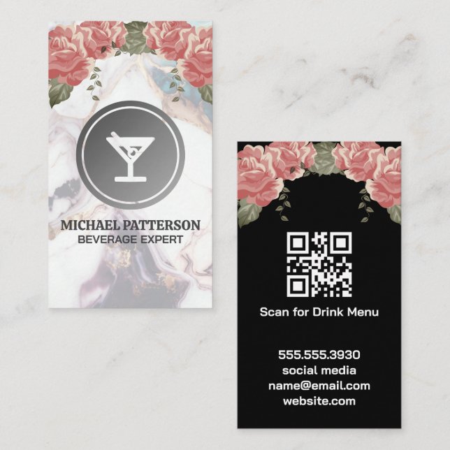 Cocktails Martini Grey Logo | Marble and Roses Business Card (Front/Back)