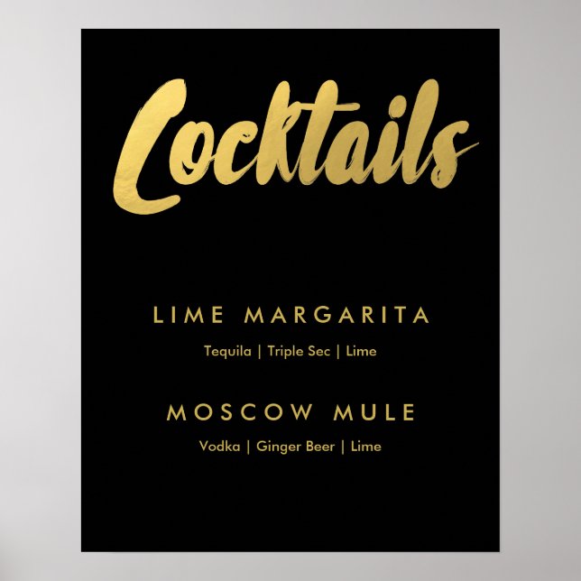 Cocktails menu gold glam sign | editable colour (Front)