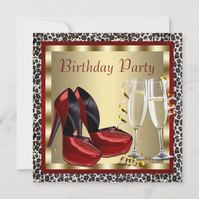 Cocktails Red High Heel Shoes Leopard Birthday Invitation (Front)