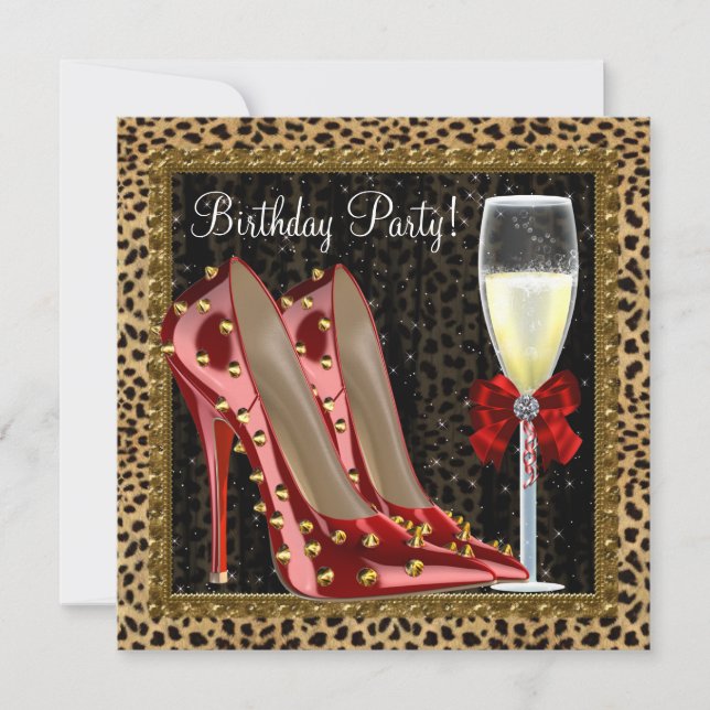 Cocktails Red High Heel Shoes Leopard Birthday Invitation (Front)
